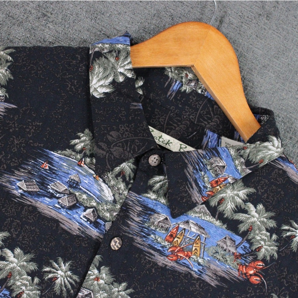 Batik Bay Mens XL Black Tropical Island Palm Tree Rayon Short Sleeve Aloha Shirt